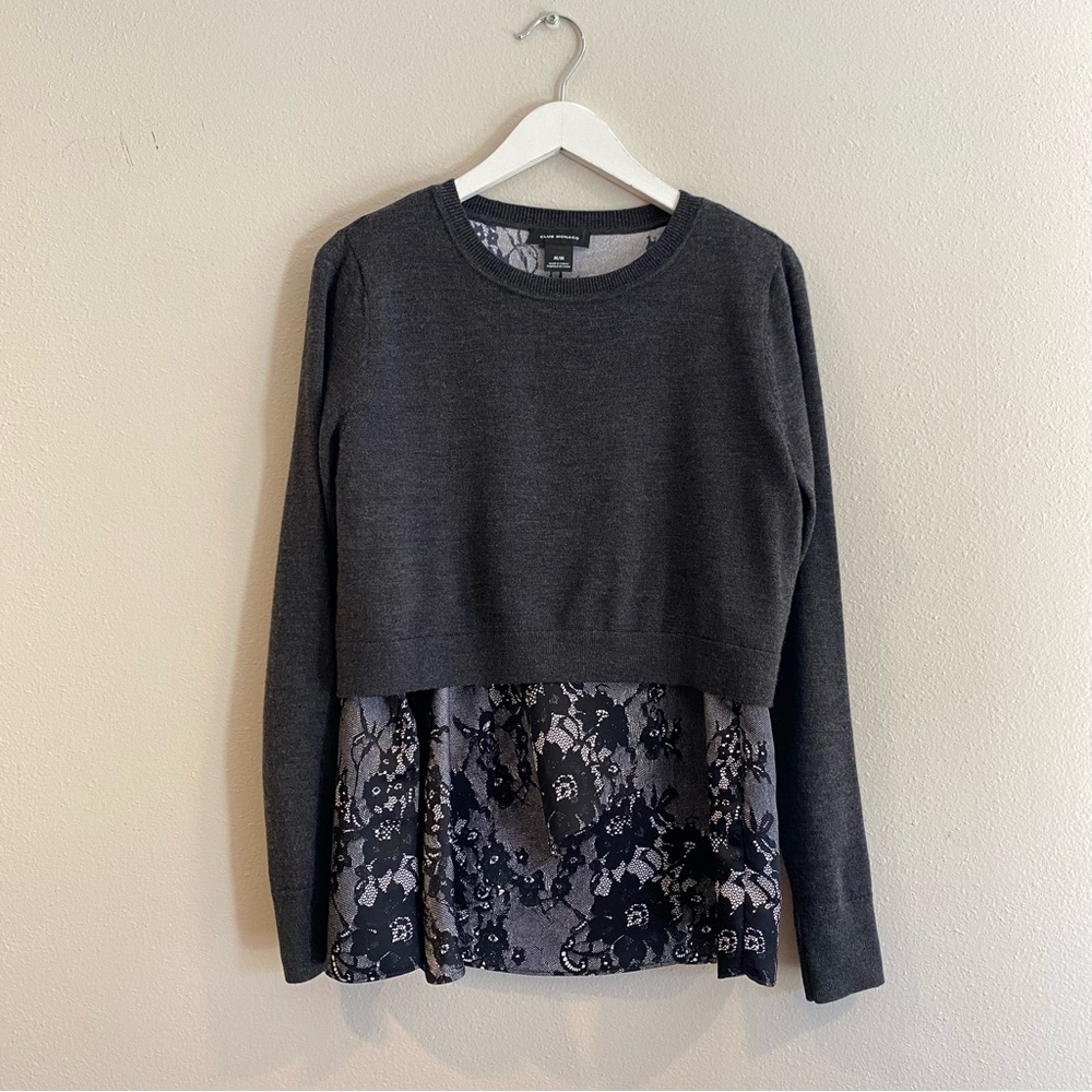 Club Monaco Gray Mixed Media Sweater Lace Floral Print Layered Top Size M